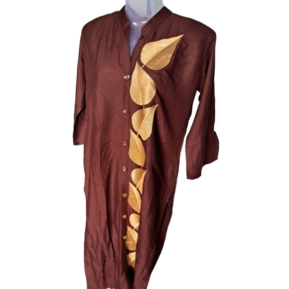 Unique Leaf Golden Embroidered Brown Kurta - Picture 5 of 6
